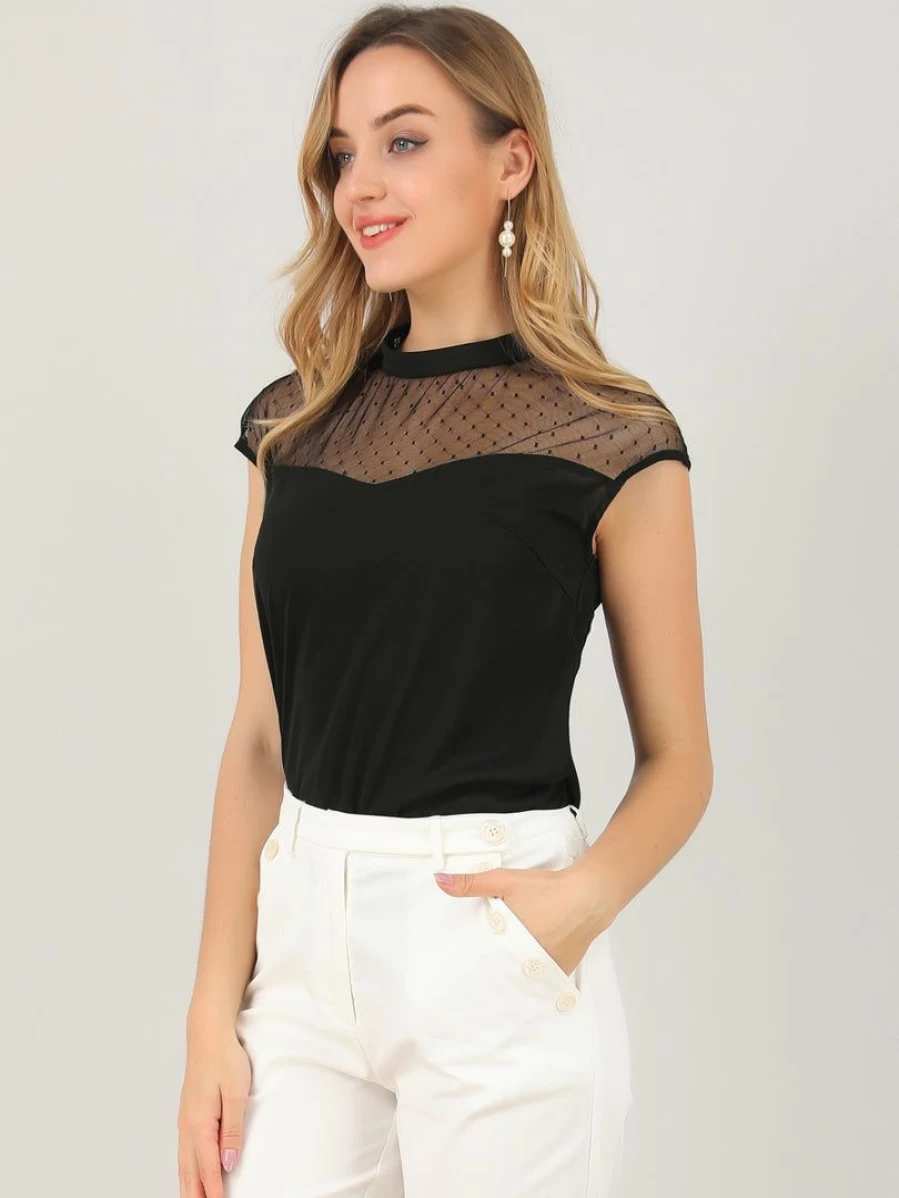 Black Sleeveless Lace Panel Blouse for Women with Round Neck and Keyhole Detail