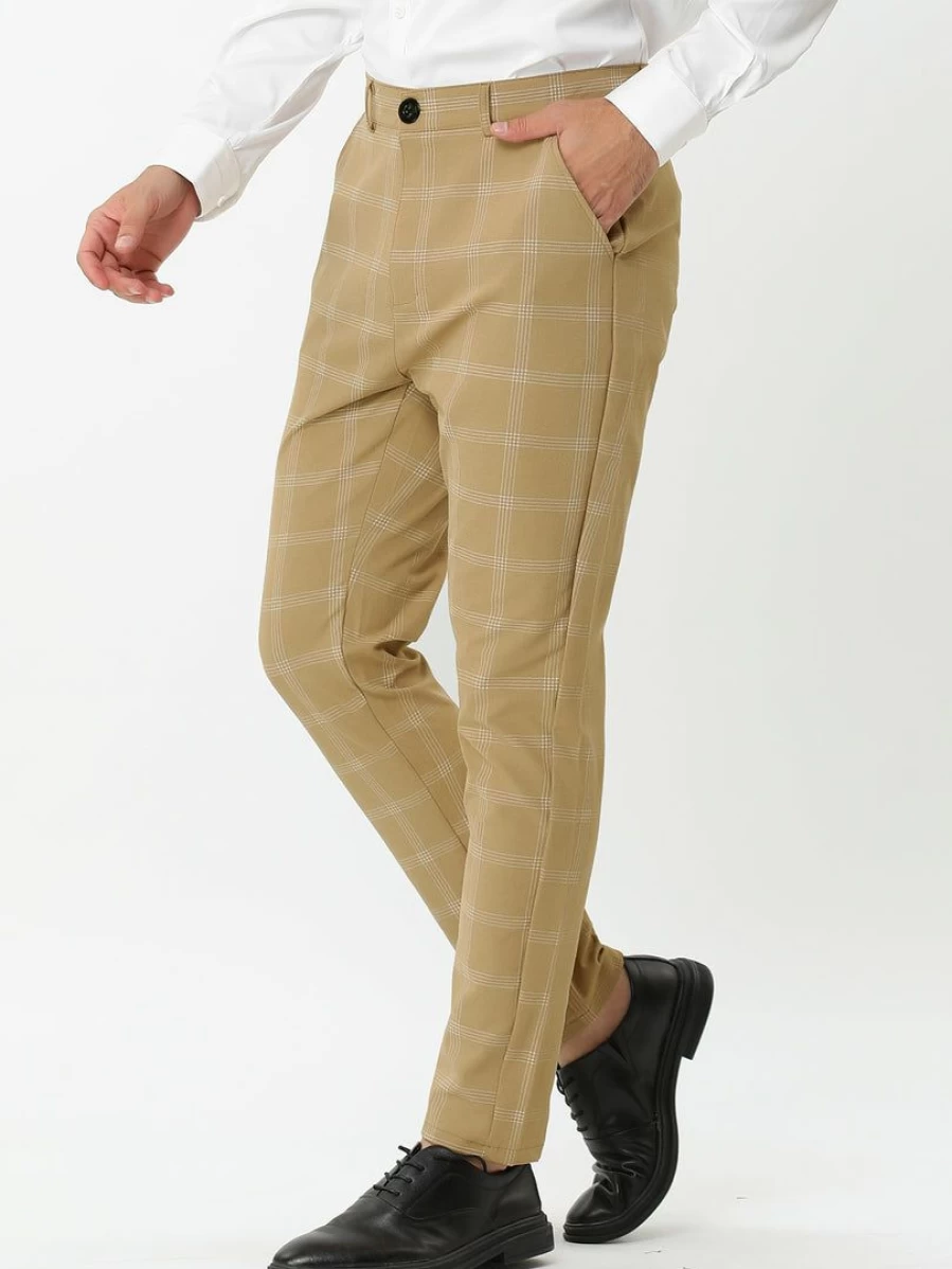 Men's Slim Fit Plaid Dress Pants for Business Flat Front with Pockets Professional Office Trousers