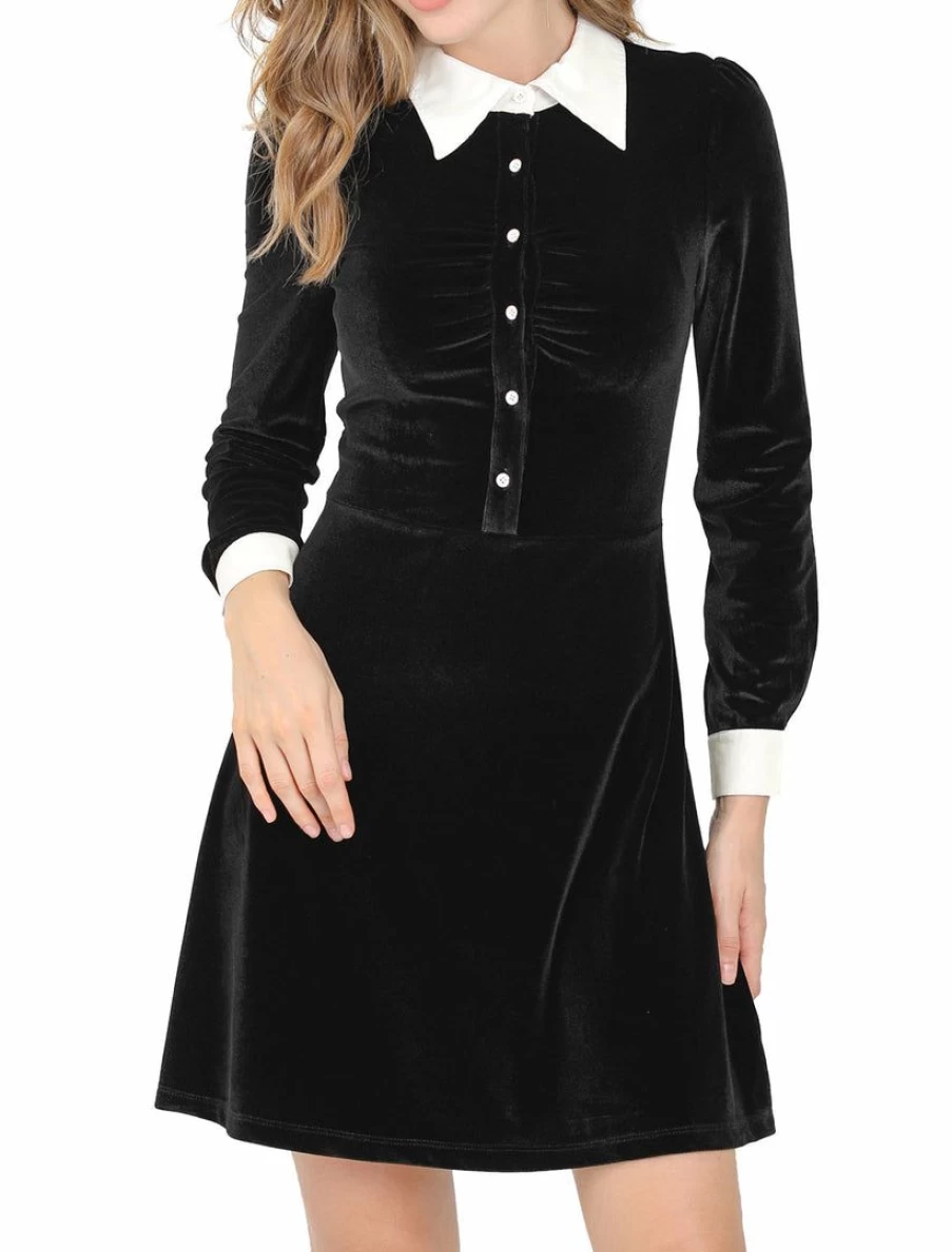 Women's Contrast Color Fit & Flare Dress with Half Placket Long Sleeve Elegant Flowy Design