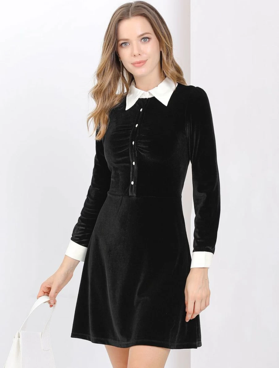 Women's Contrast Color Fit & Flare Dress with Half Placket Long Sleeve Elegant Flowy Design
