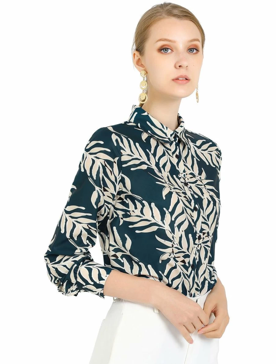 Women's Blue Tropical Leaves Printed Long Sleeve Blouse for Casual & Office Wear