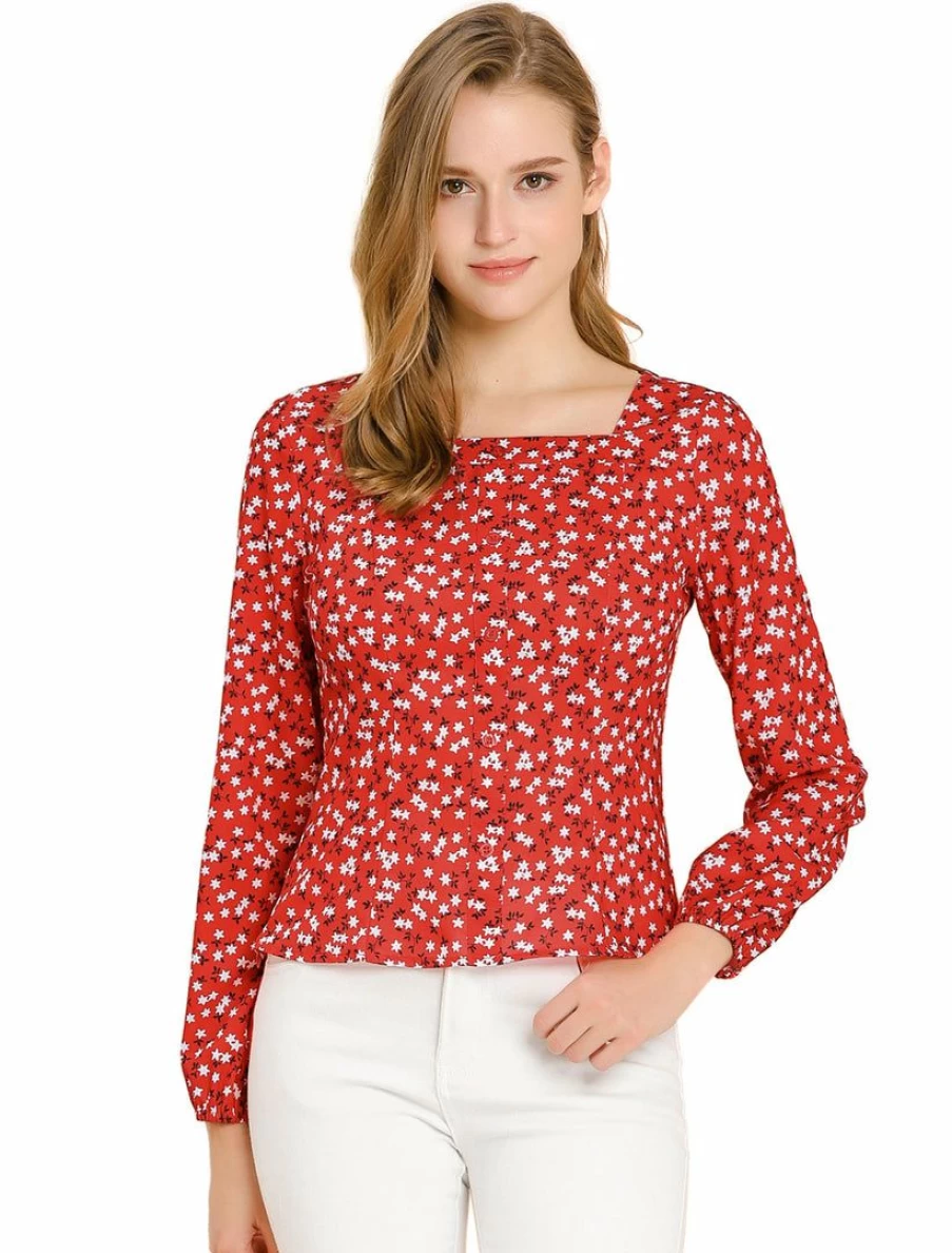 Vintage Floral Print Women's Long Sleeve Square Neck Blouse for Elegant Casual Wear