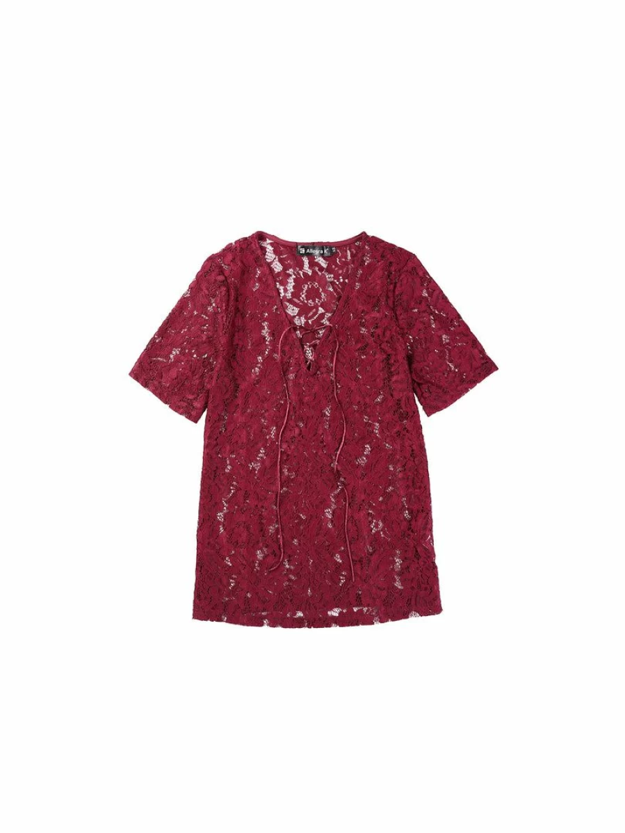 Vintage Floral Lace Blouse for Women - Burgundy Short Sleeve Tie Neck Top