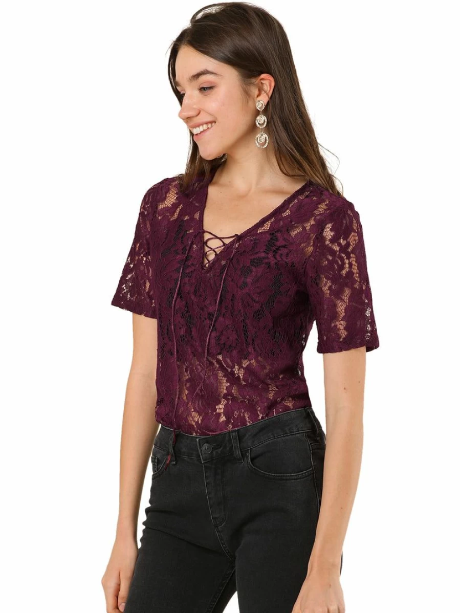 Vintage Floral Lace Blouse for Women - Burgundy Short Sleeve Tie Neck Top