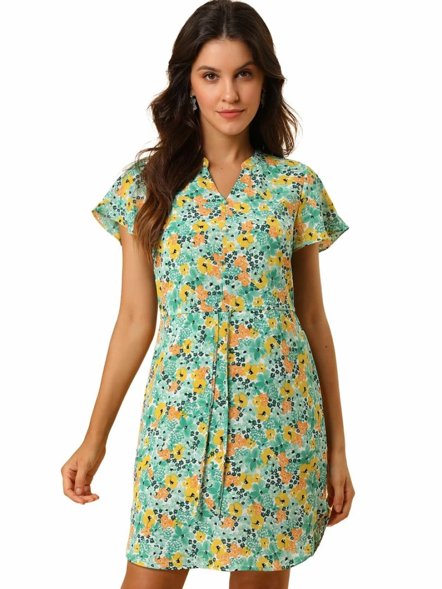 Blue Tropical Printed V-Neck Ruffled Tie Waist Dress for Women