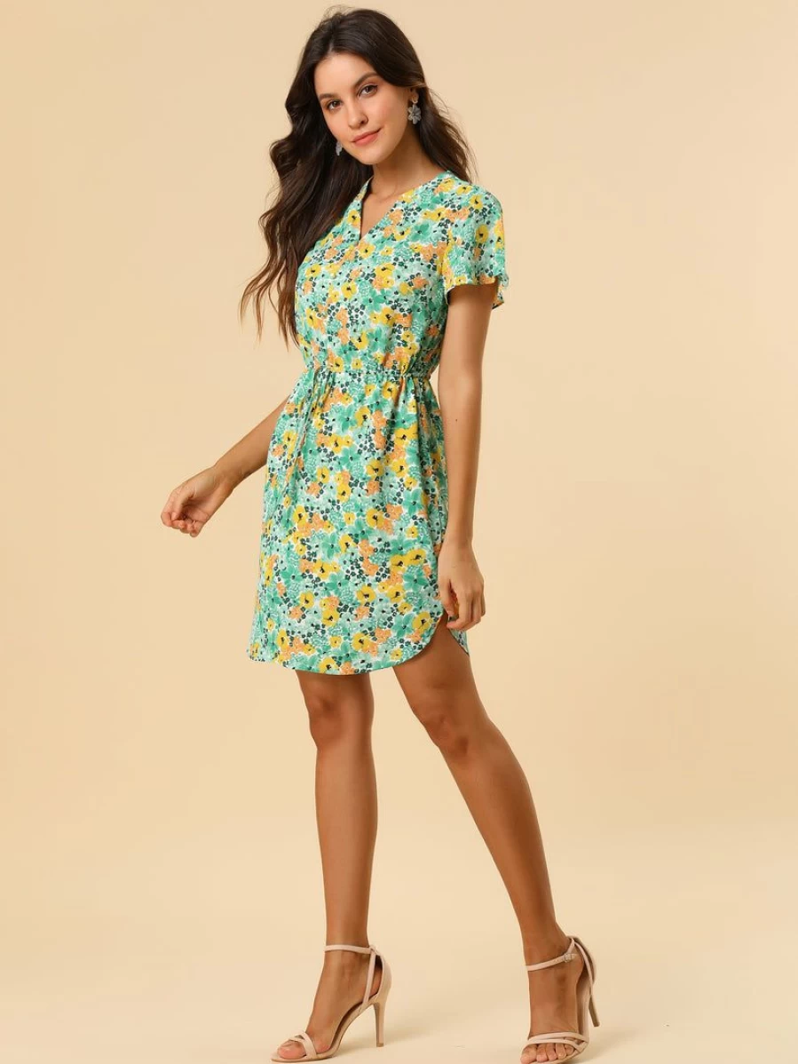 Blue Tropical Printed V-Neck Ruffled Tie Waist Dress for Women