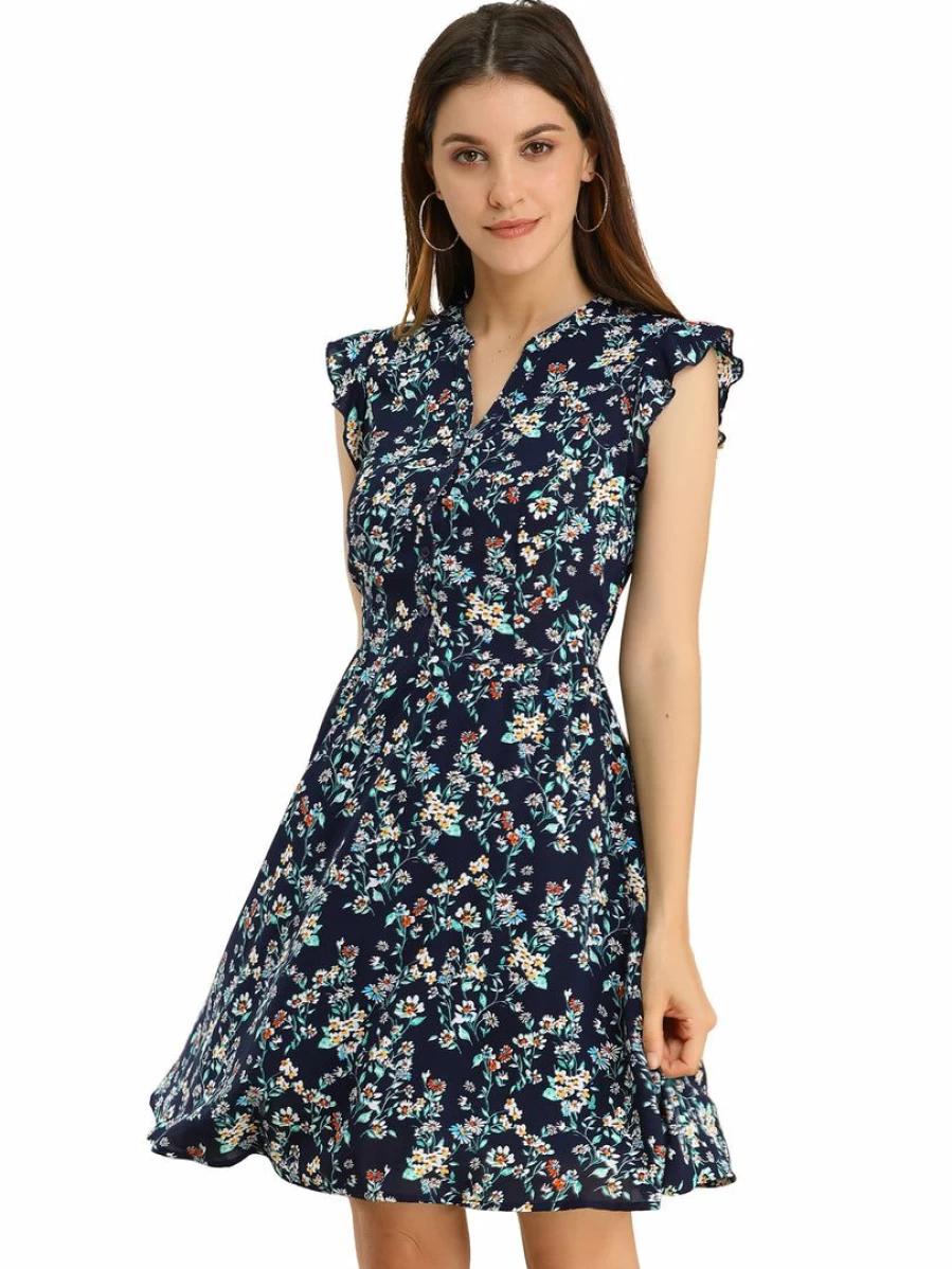 Women's Floral V-Neck Cap Sleeve Summer Dress with Ruffle Detail - Casual Comfort Fit