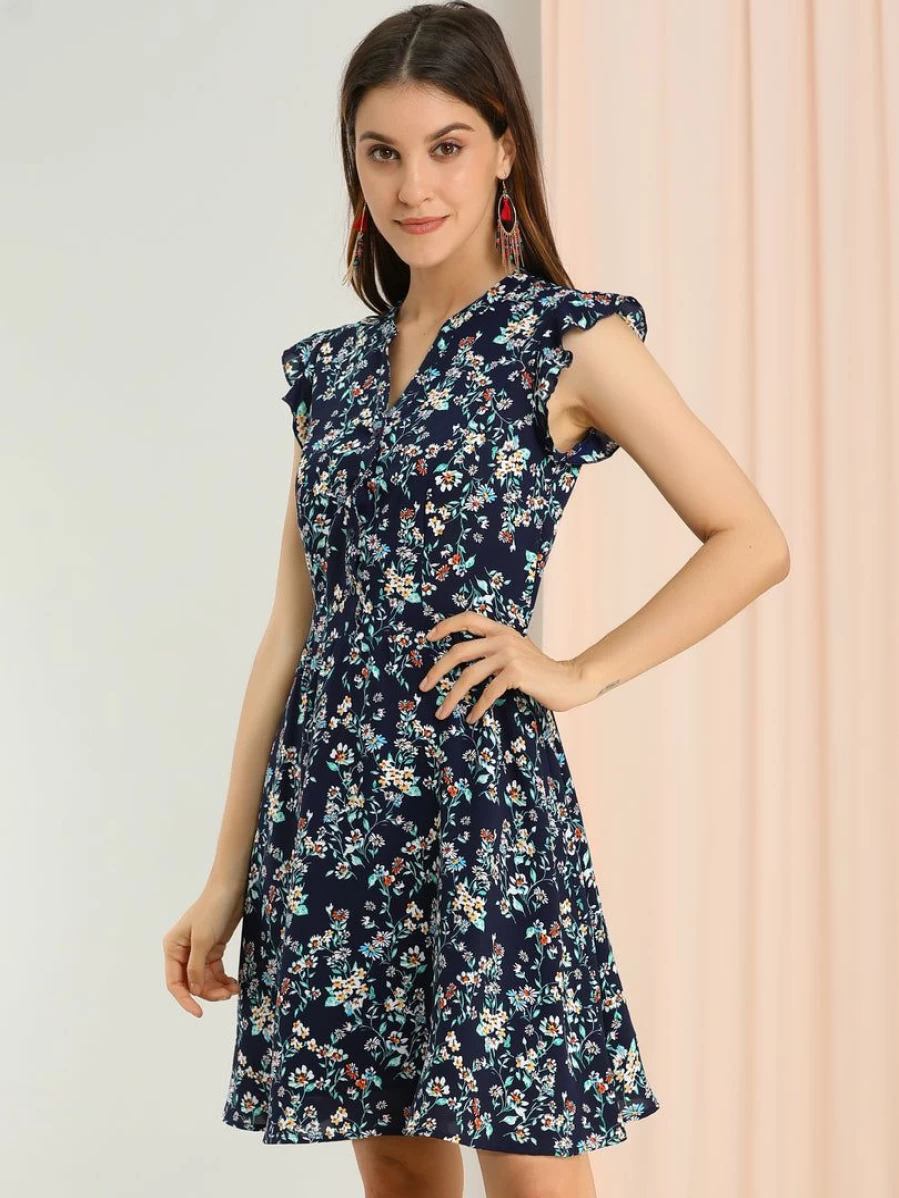 Women's Floral V-Neck Cap Sleeve Summer Dress with Ruffle Detail - Casual Comfort Fit