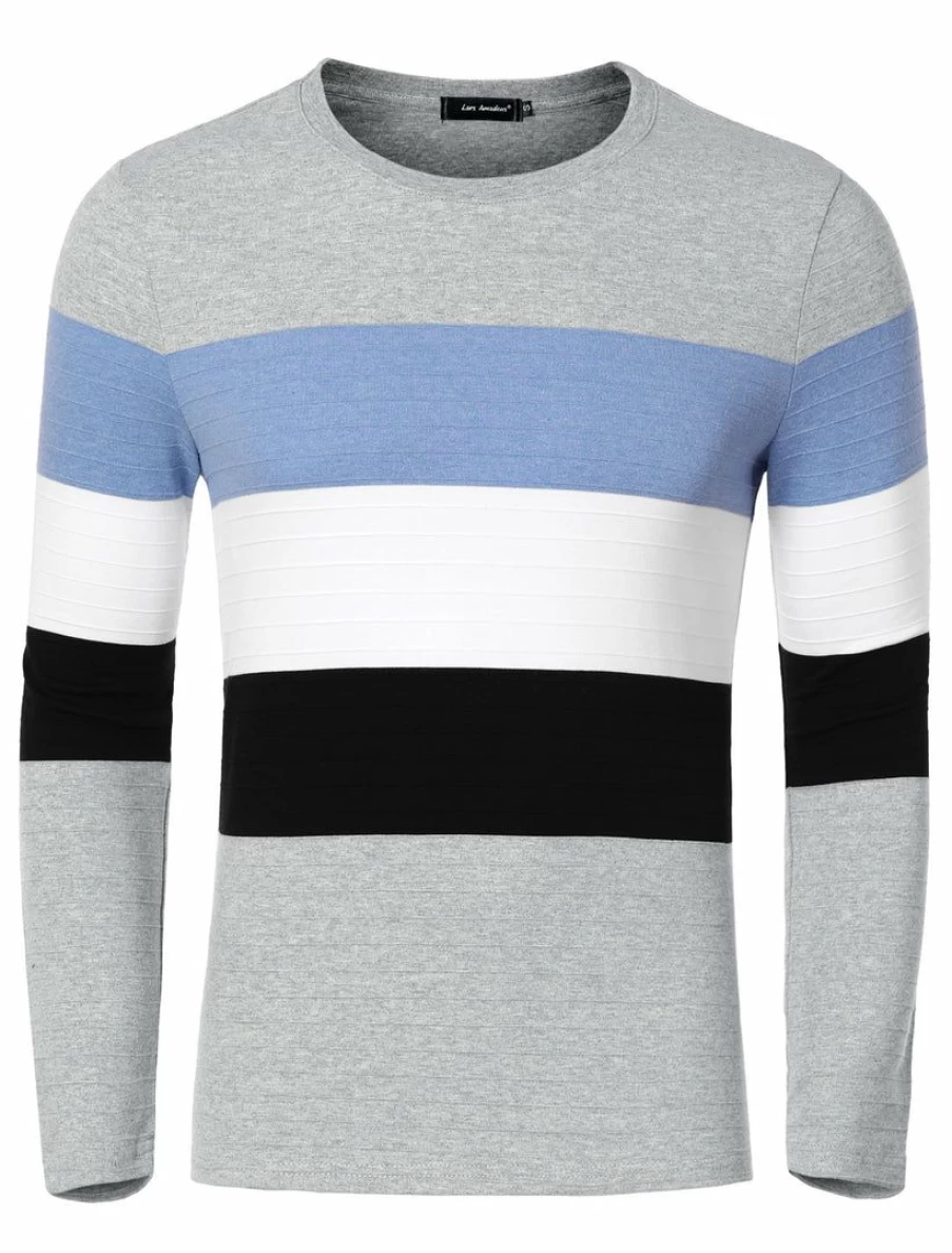 Men's Casual Color Block Crew Neck Long Sleeve Pullover Tee for Father's Day