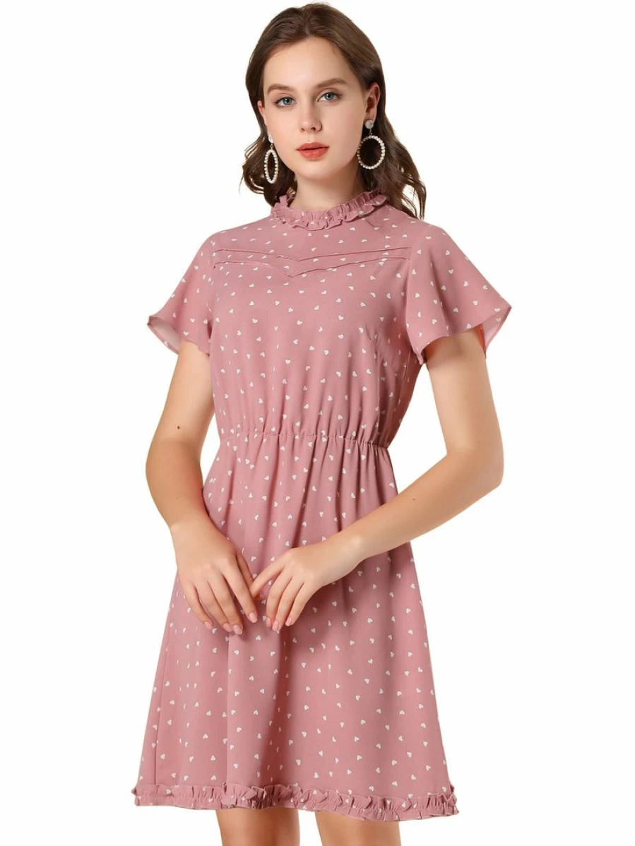 Allegra K Women's Pink Summer Dress with Flare Sleeves, Pintuck Details, Heart Print, and Ruffles