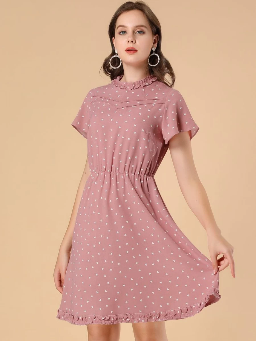 Allegra K Women's Pink Summer Dress with Flare Sleeves, Pintuck Details, Heart Print, and Ruffles