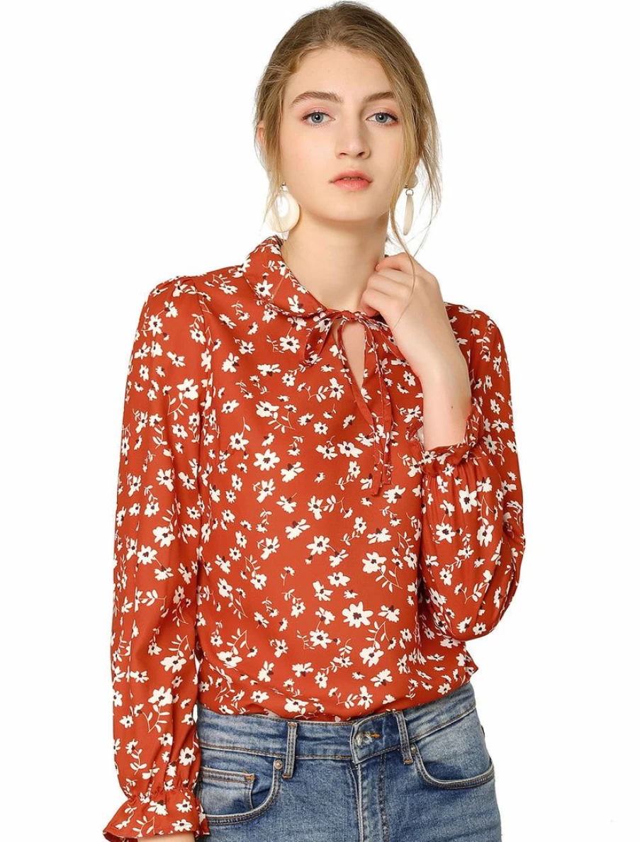 Women's Floral Print V-Neck Blouse with Tie Detail and Turn-Down Collar