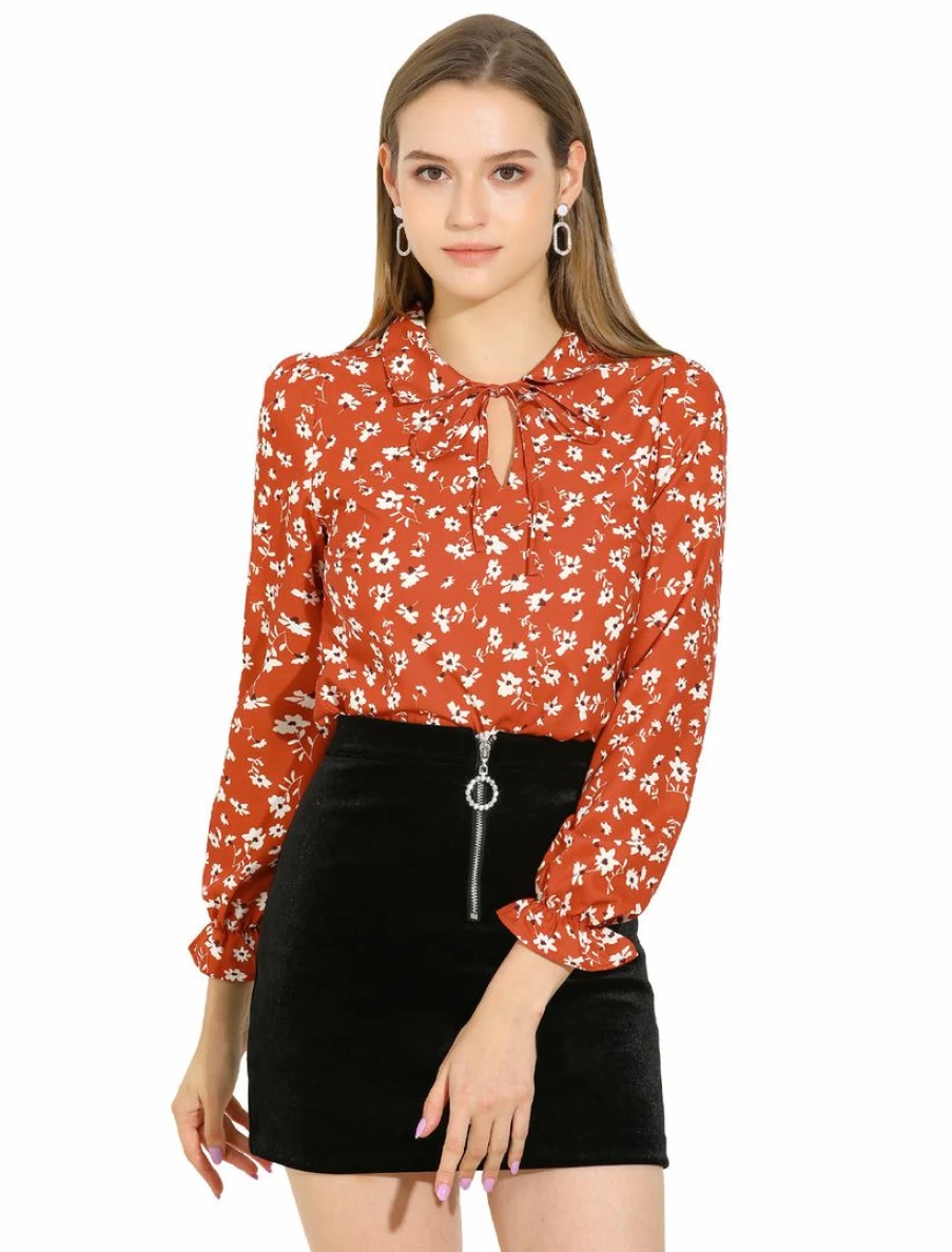 Women's Floral Print V-Neck Blouse with Tie Detail and Turn-Down Collar
