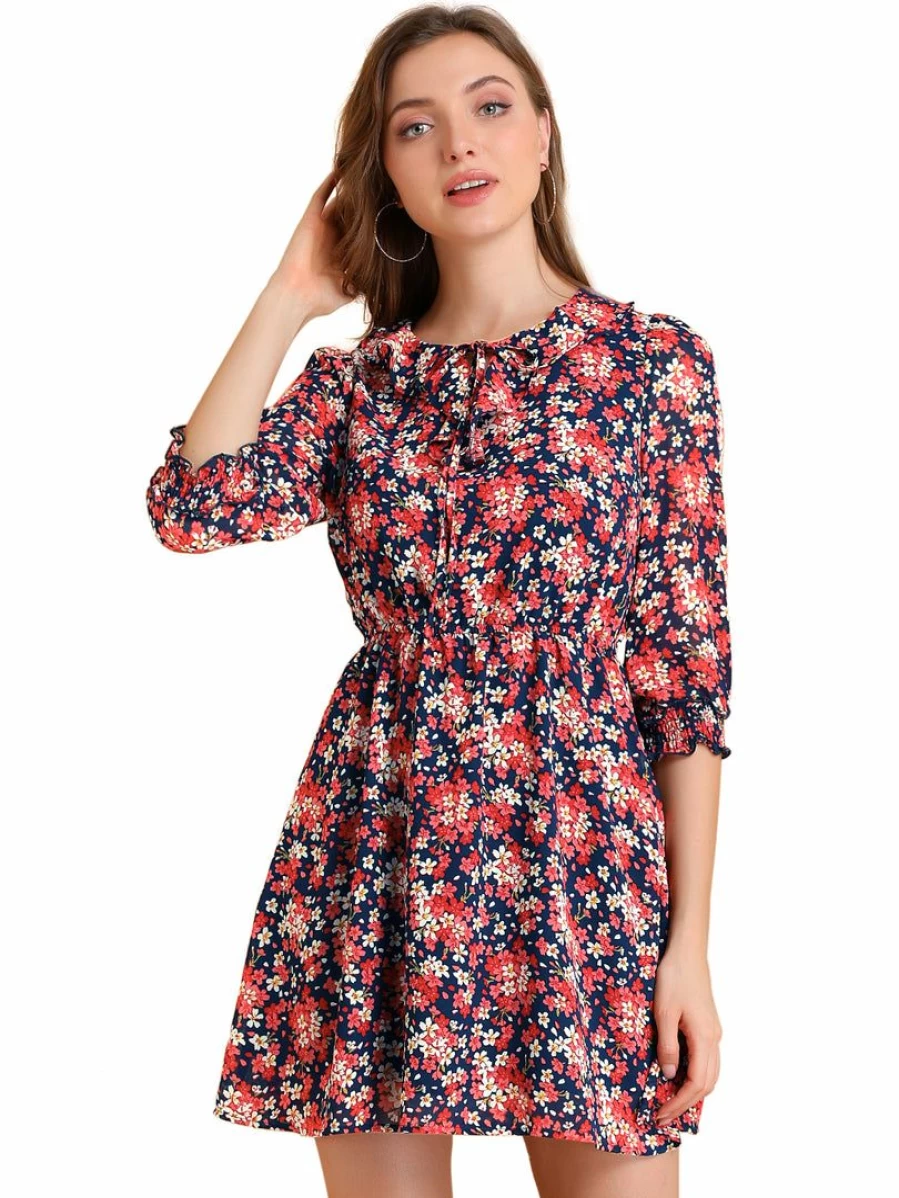 Red Floral Mini Dress with Ruffled Tie Neck and 3/4 Puff Sleeves for Women