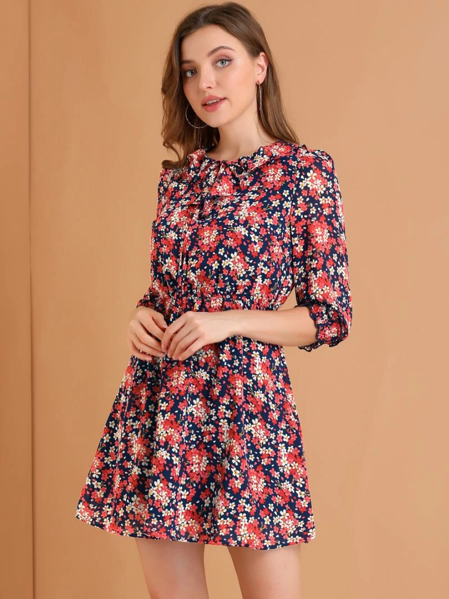 Red Floral Mini Dress with Ruffled Tie Neck and 3/4 Puff Sleeves for Women
