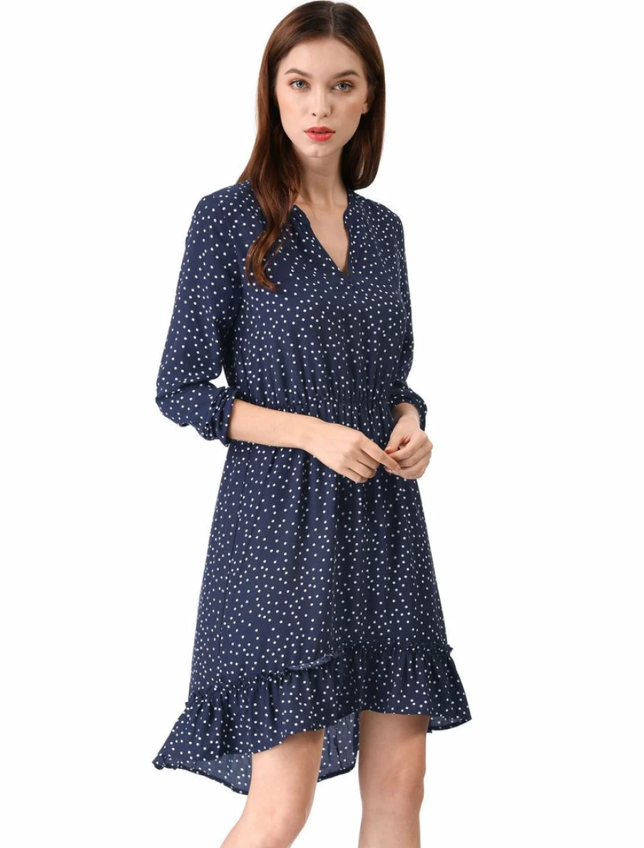 Women's V-Neck Polka Dot Ruffle High-Low Hem Dress by Allegra K