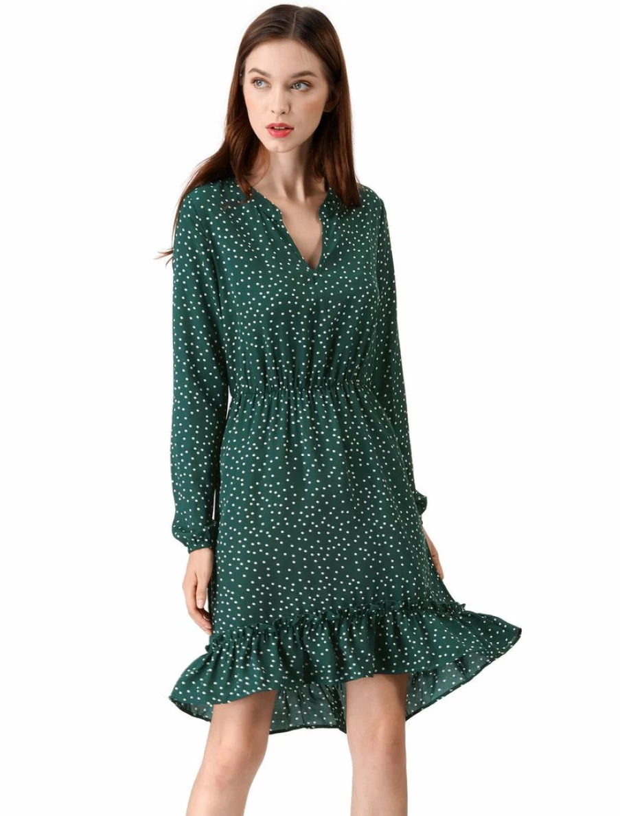 Women's V-Neck Polka Dot Ruffle High-Low Hem Dress by Allegra K