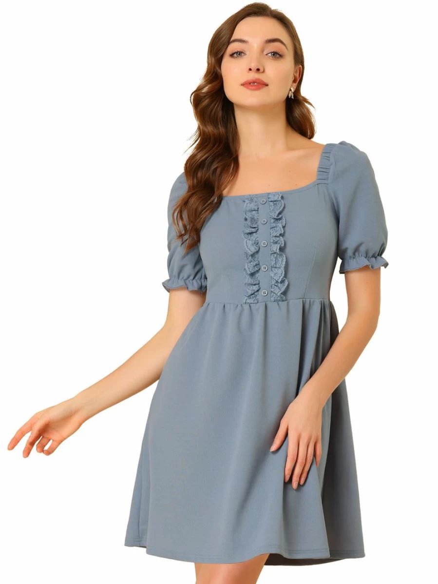 "Elegant Square Neck Lace Insert Puff Short Sleeve Dress for Women in Grey Blue"