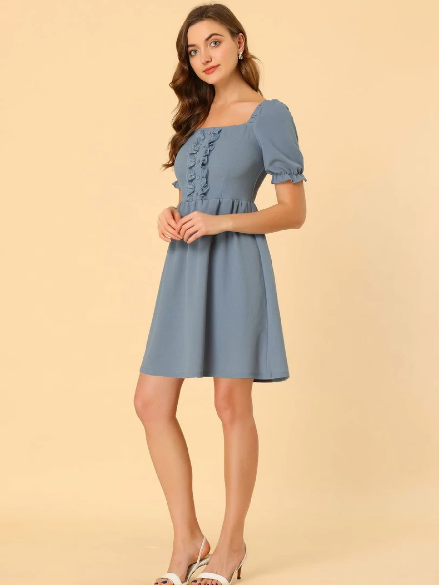 "Elegant Square Neck Lace Insert Puff Short Sleeve Dress for Women in Grey Blue"