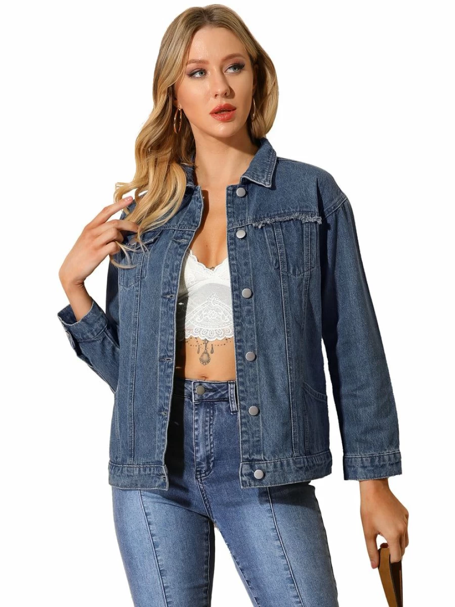 Women's Casual Blue Denim Jacket with Button Down Turndown Collar - Washed Jean Style