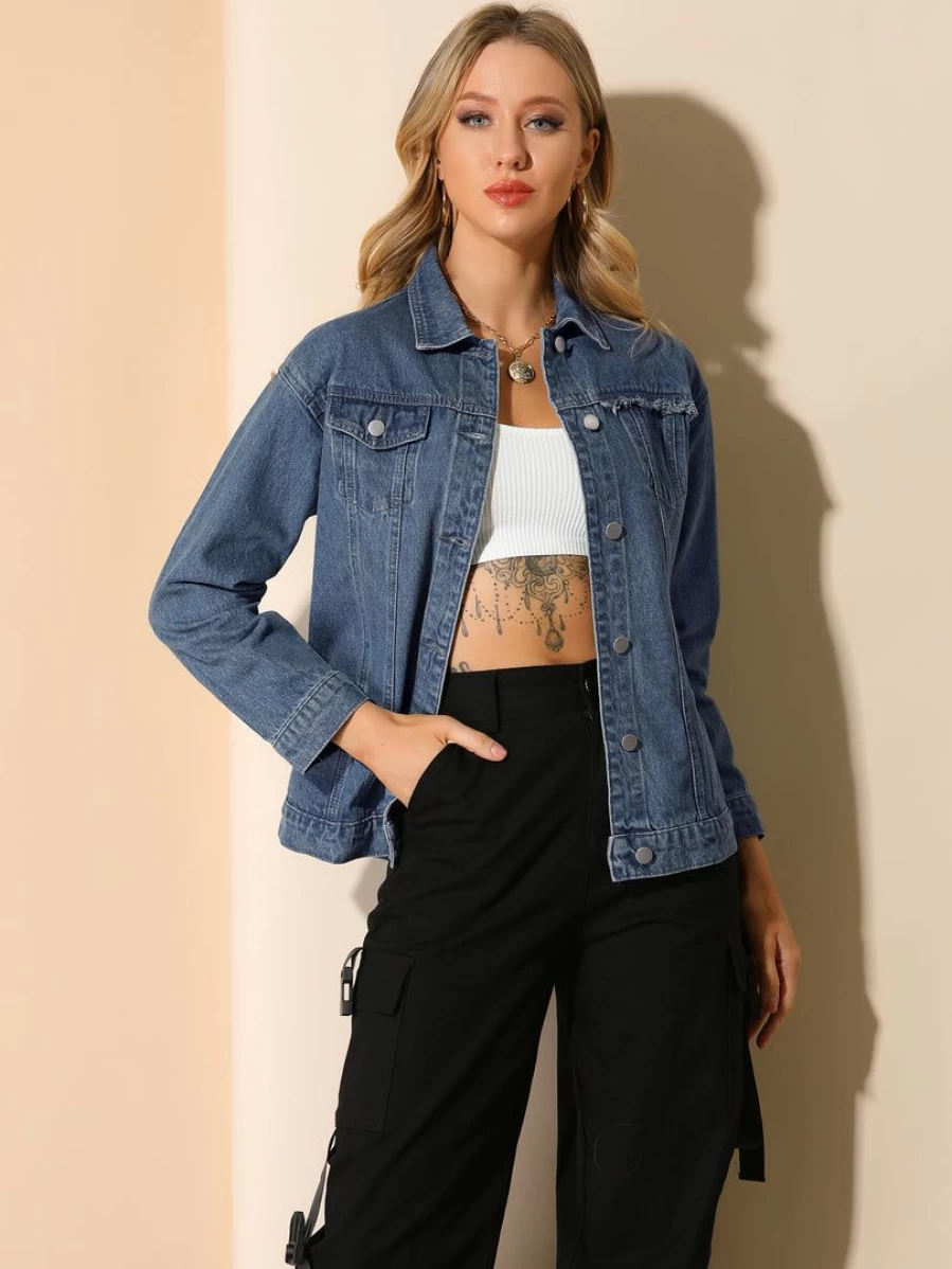 Women's Casual Blue Denim Jacket with Button Down Turndown Collar - Washed Jean Style
