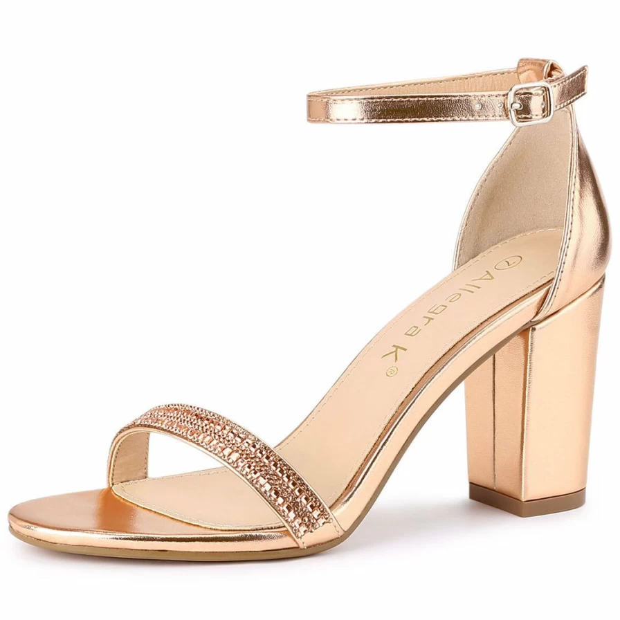 Allegra K Women's Chunky Heel Sandals with Rhinestone Ankle Strap for Elegant Style