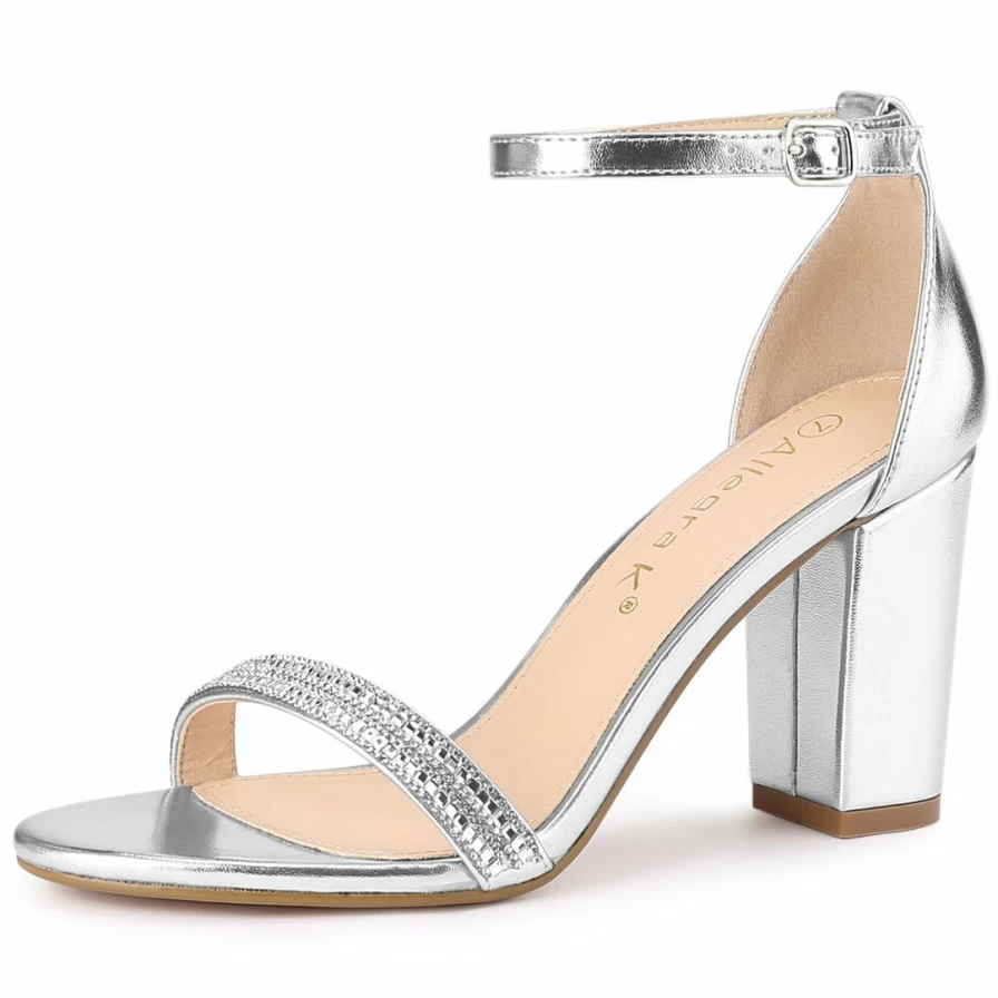Allegra K Women's Chunky Heel Sandals with Rhinestone Ankle Strap for Elegant Style