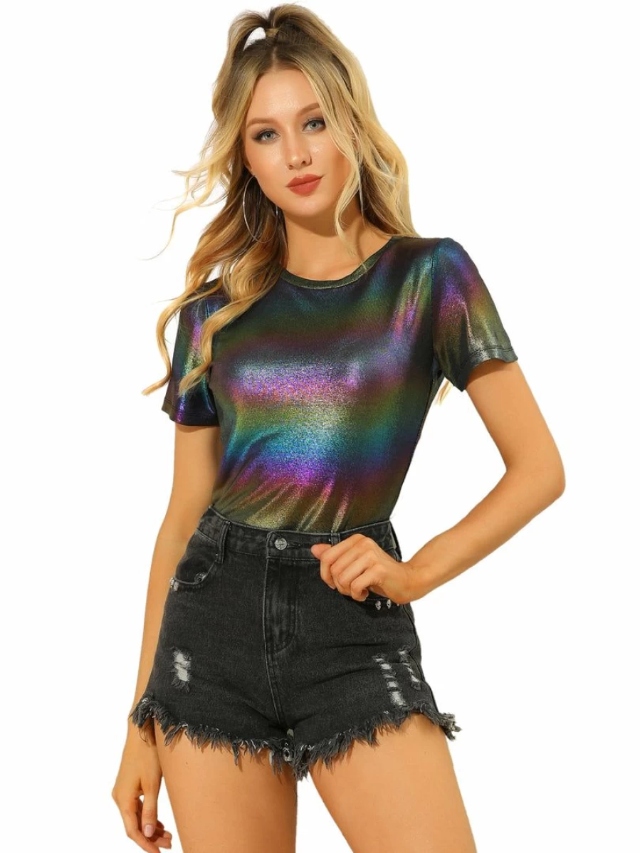 Women's Metallic Shiny Party Top Short Sleeve Textured Blouse