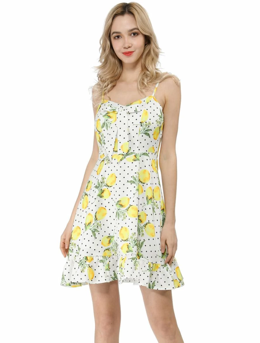 Women's Spaghetti Strap Dress with Bowknot Detail and Ruffle Lemon Polka Dot Print