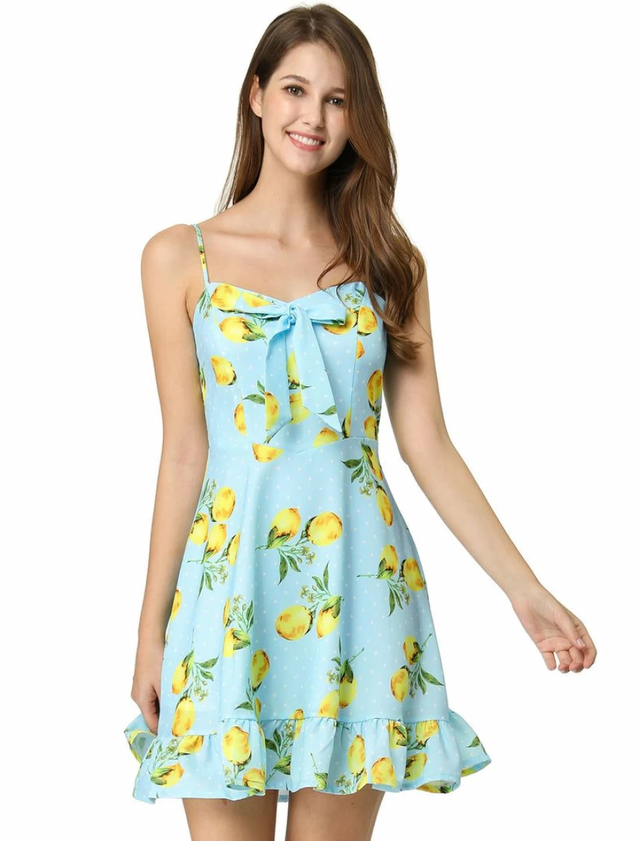 Women's Spaghetti Strap Dress with Bowknot Detail and Ruffle Lemon Polka Dot Print