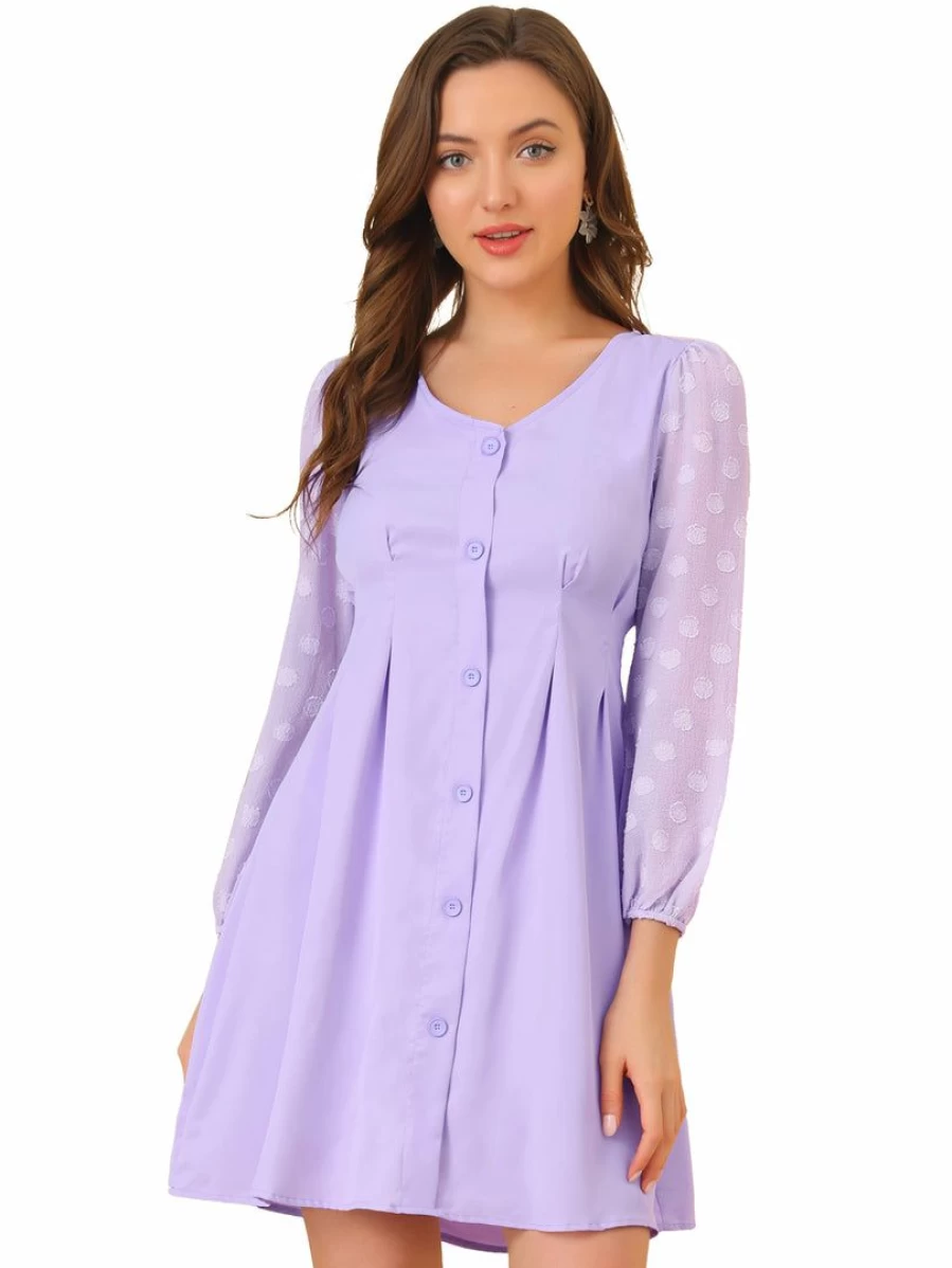 Purple Swiss Dots Chiffon Long Sleeve V-Neck Casual Dress for Women