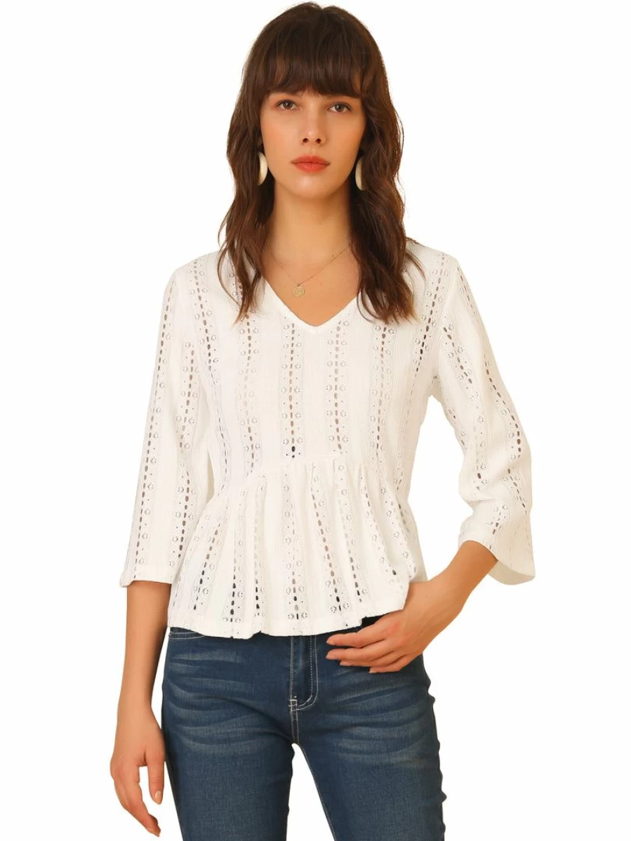 White Lace Peplum Blouse for Women - Long Sleeve Elegant Top