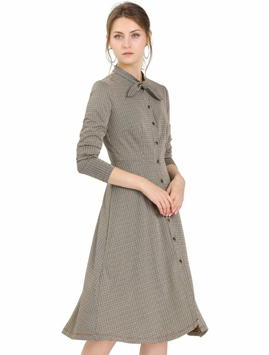 Plaid Button-Up Midi Dress with Tie Neck for Women
