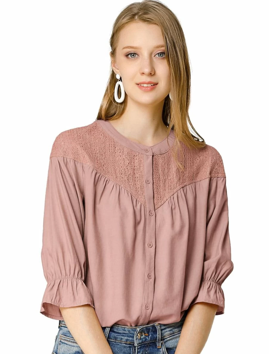 Allegra K Women's Dusty Pink Lace Blouse with 3/4 Sleeves and Button Down Design