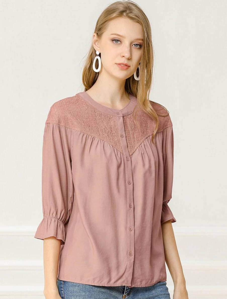 Allegra K Women's Dusty Pink Lace Blouse with 3/4 Sleeves and Button Down Design
