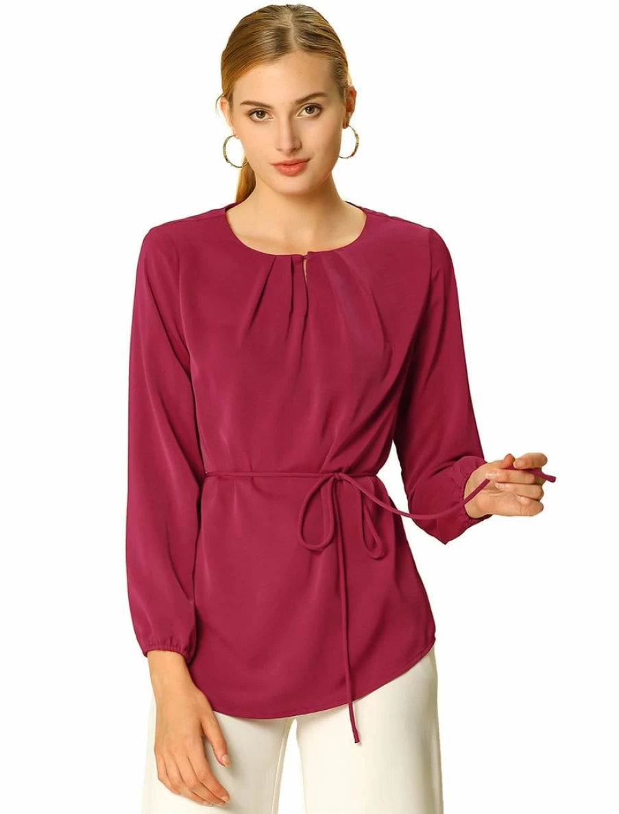 Wine Red Pleated Keyhole Round Neck Long Sleeve Belted Top for Women