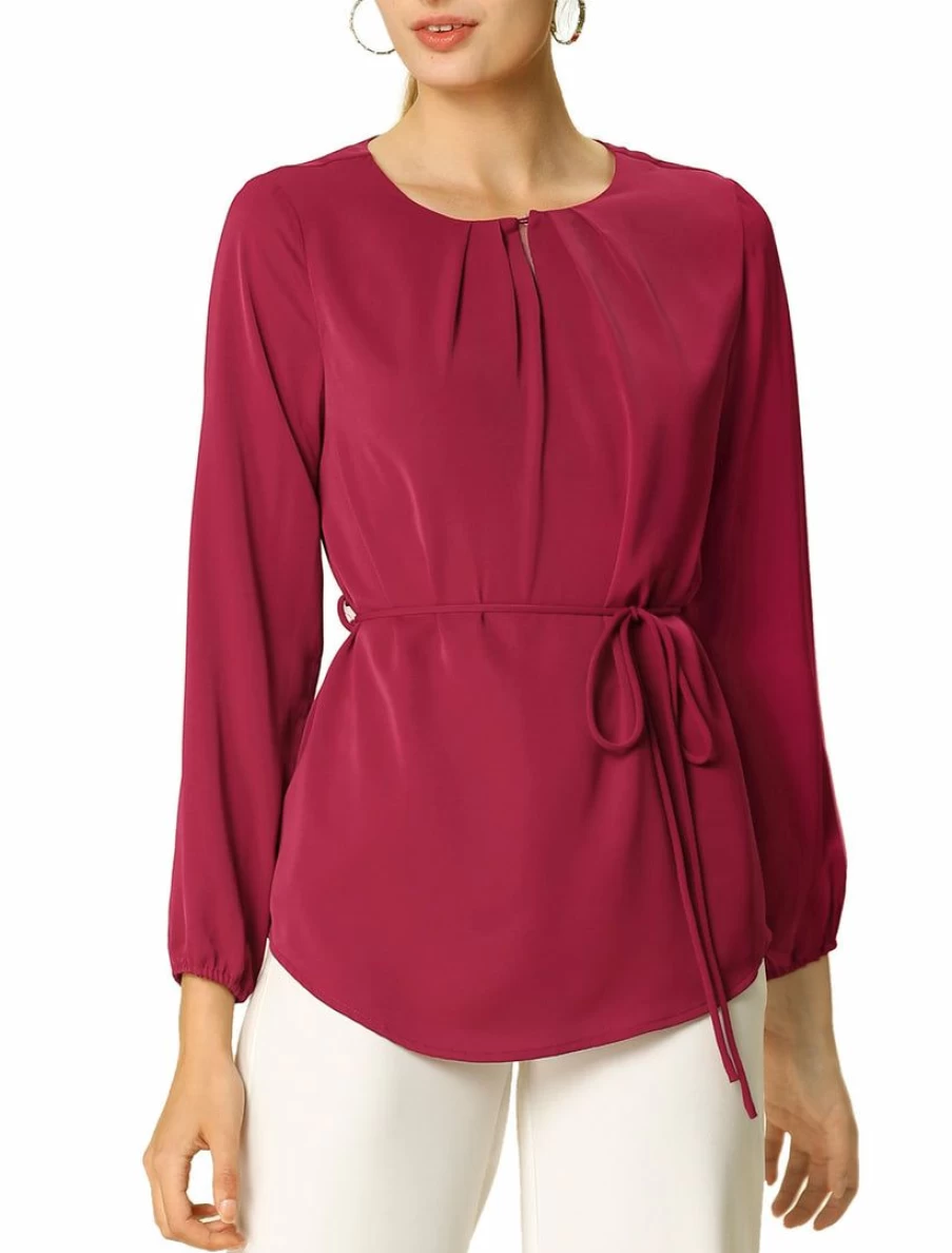 Wine Red Pleated Keyhole Round Neck Long Sleeve Belted Top for Women
