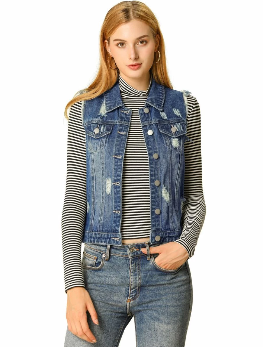 Women's Denim Vest with Turn-Down Collar and Button Closure - Washed Casual Style