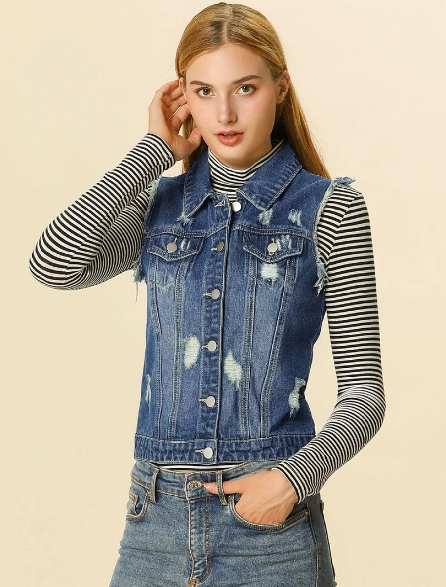 Women's Denim Vest with Turn-Down Collar and Button Closure - Washed Casual Style