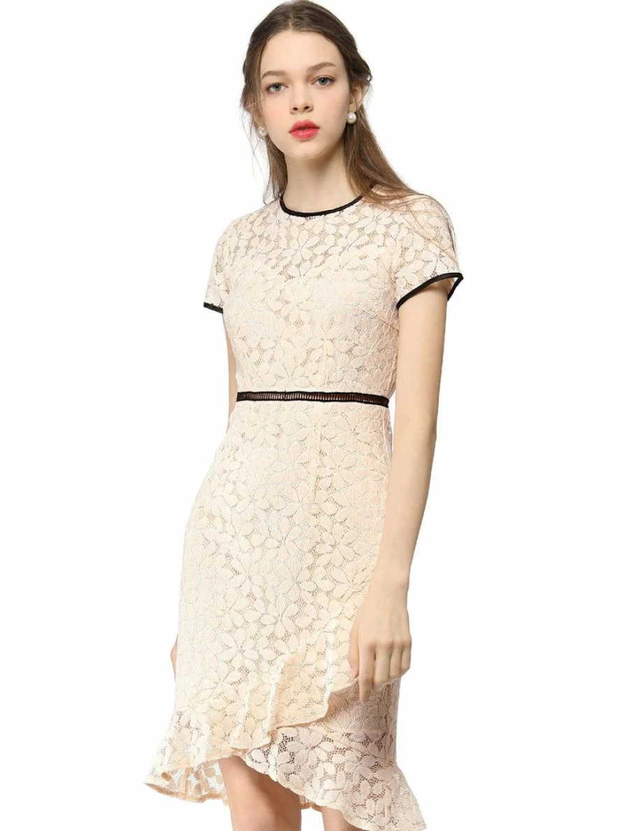 Beige Floral Lace Dress with Contrast Trim and Ruffled Short Sleeves