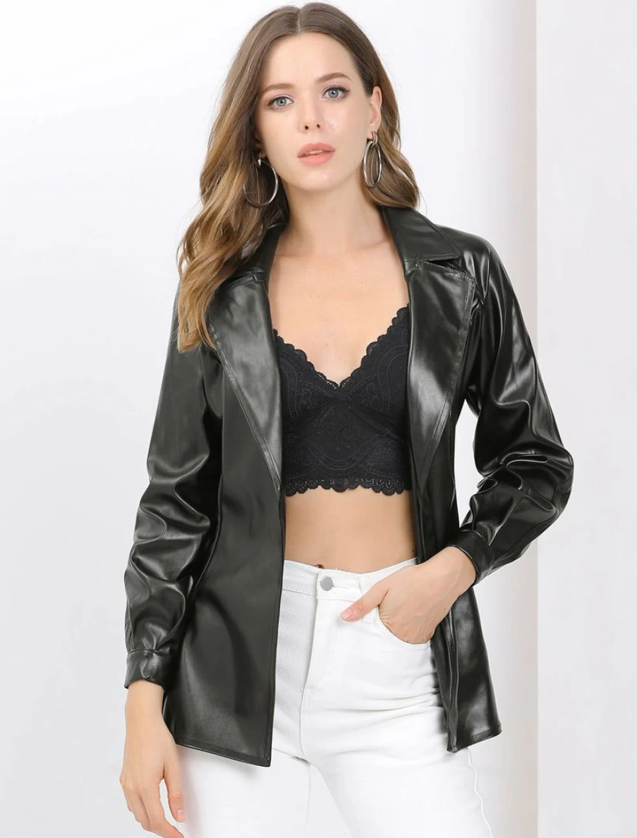 Black Leather Biker Jacket for Women with Long Sleeves, Notched Lapel, and Belted Waist