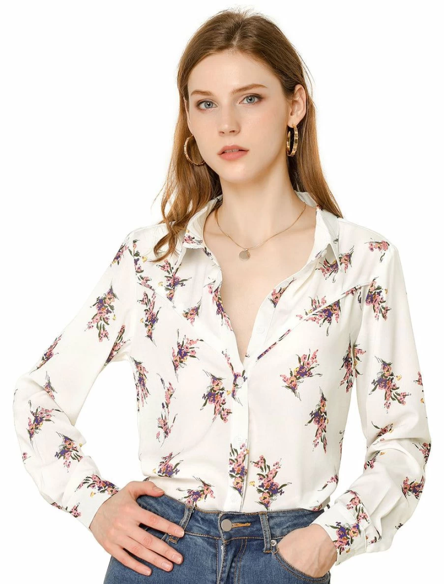 Allegra K Women's White Floral Print Long Sleeve Button-Down Shirt with Turn-Down Collar