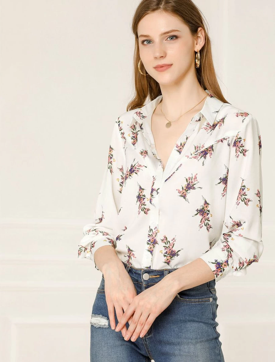 Allegra K Women's White Floral Print Long Sleeve Button-Down Shirt with Turn-Down Collar