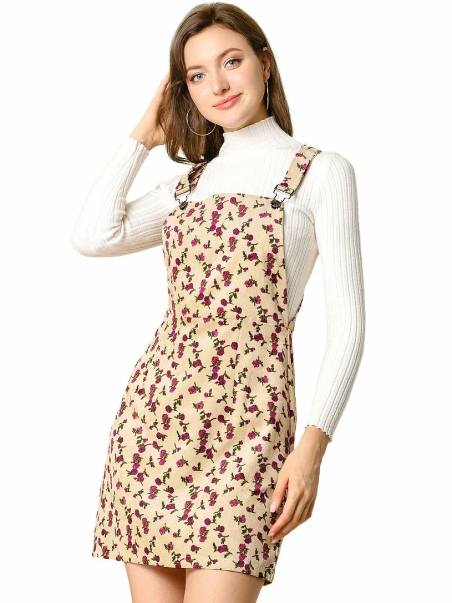 Allegra K Women's Khaki Corduroy Floral Pinafore Dress with Adjustable Suspender Straps