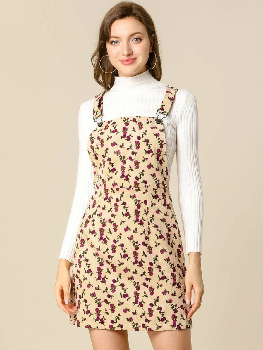 Allegra K Women's Khaki Corduroy Floral Pinafore Dress with Adjustable Suspender Straps