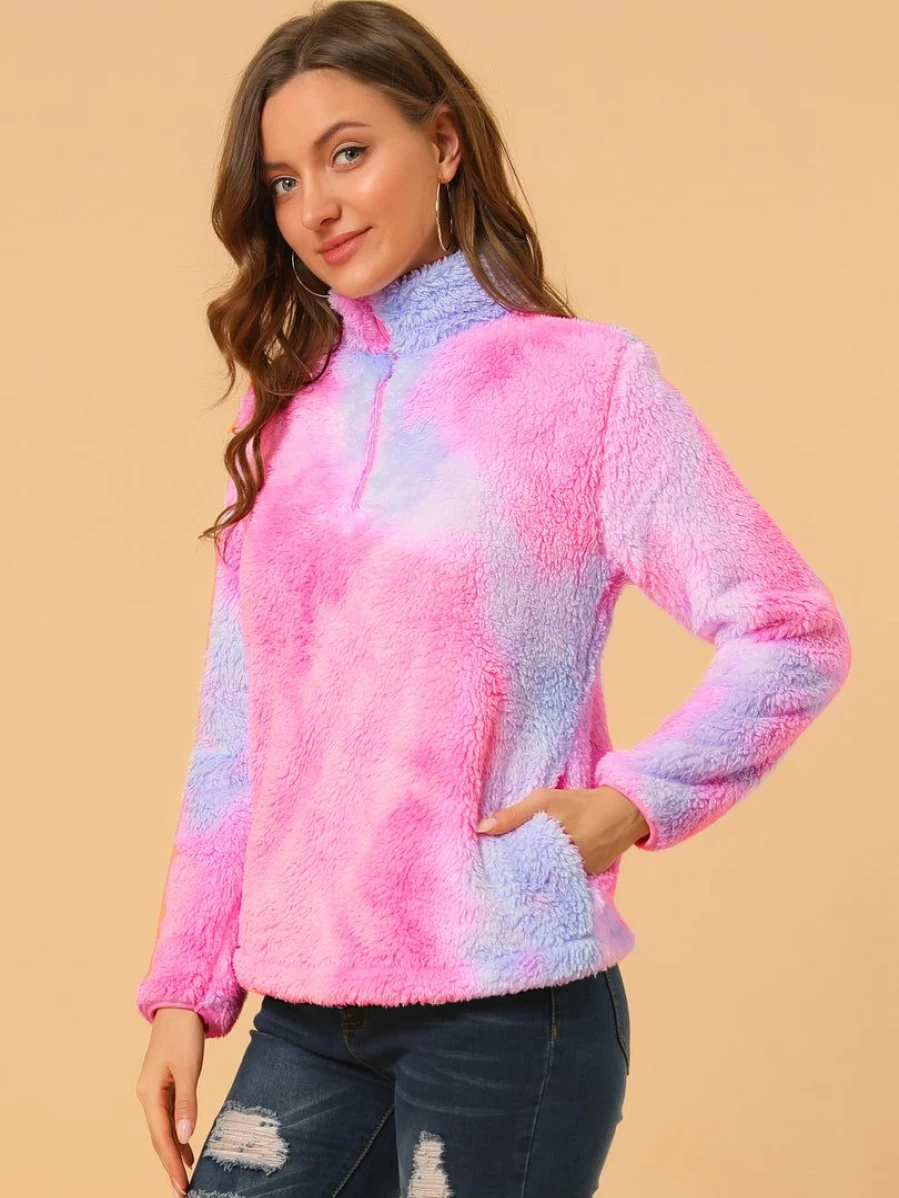 Women's Tie-Dye Faux Fleece Zip-Up Hoodie with Stand Collar & Pockets - Cozy Fluffy Pullover Jacket