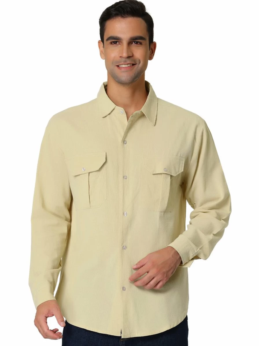 Men's Casual Long Sleeve Linen Shirt Solid Color Button Down Beach Cargo Shirt