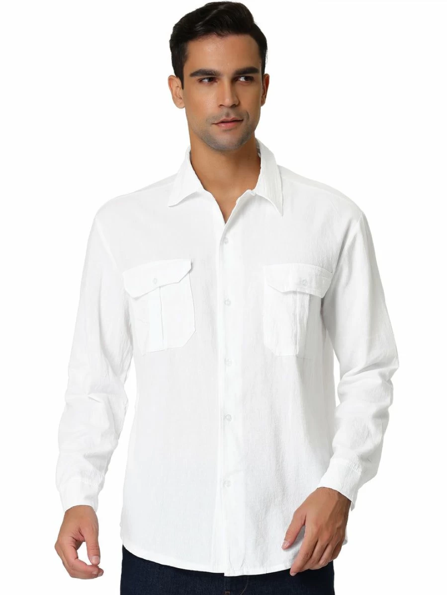 Men's Casual Long Sleeve Linen Shirt Solid Color Button Down Beach Cargo Shirt