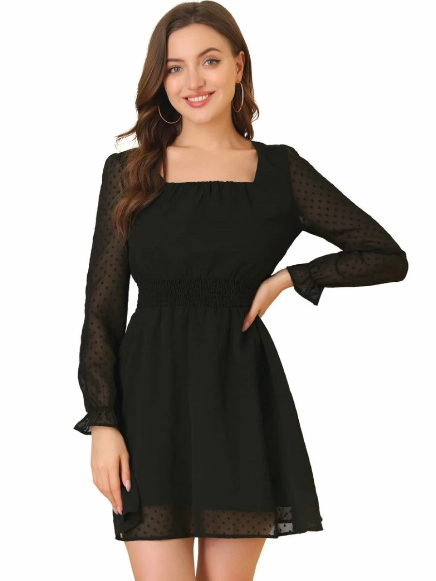 Black Semi-Sheer Swiss Dots Mini Dress with Smocked Waist for Valentine's Day