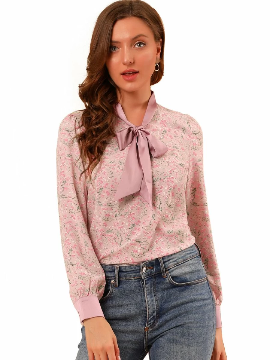 Pink Floral Chiffon Blouse for Women Long Sleeve Bow Tie Office Ladies Tops